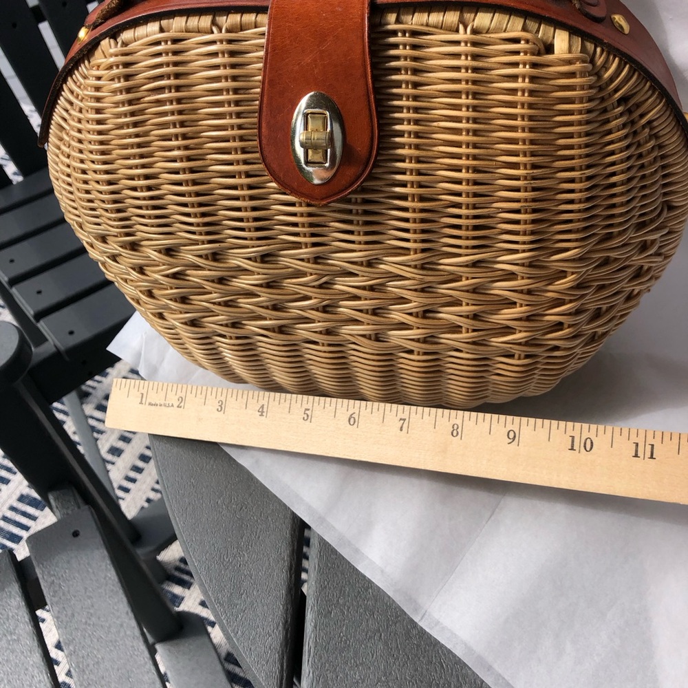 Woven vintage Straw Basket Bag with Brown Leather Trim - Picture 8 of 12